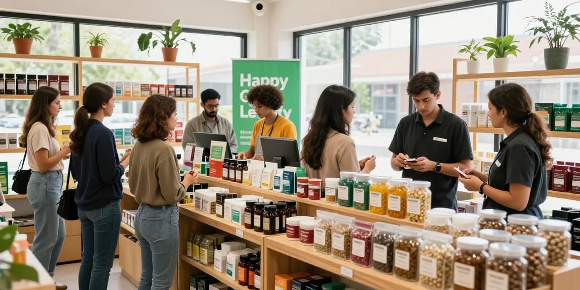 HappyGoLeafy kratom specialty store with vibrant displays and knowledgeable staff assisting customers.