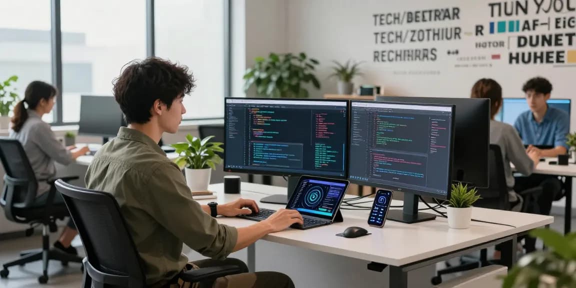 Sleek modern office showcasing agentic AI use with engineers collaborating on coding tasks amid tech gadgets and vibrant workspace.