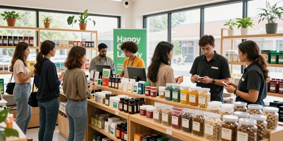 HappyGoLeafy kratom specialty store with vibrant displays and knowledgeable staff assisting customers.