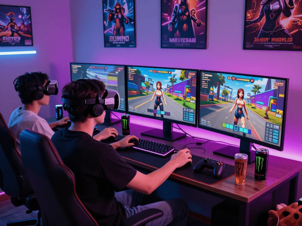 Engaged gamer enjoying a 3d sex game in a vibrant gaming room.