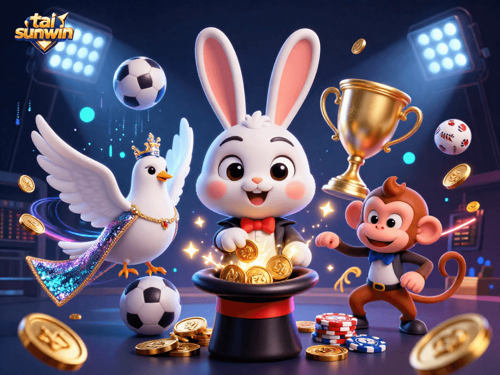 Experience the magic of tai sunwin with a dynamic 3D casino scene featuring a magician, dove, and monkey amidst sports betting elements.