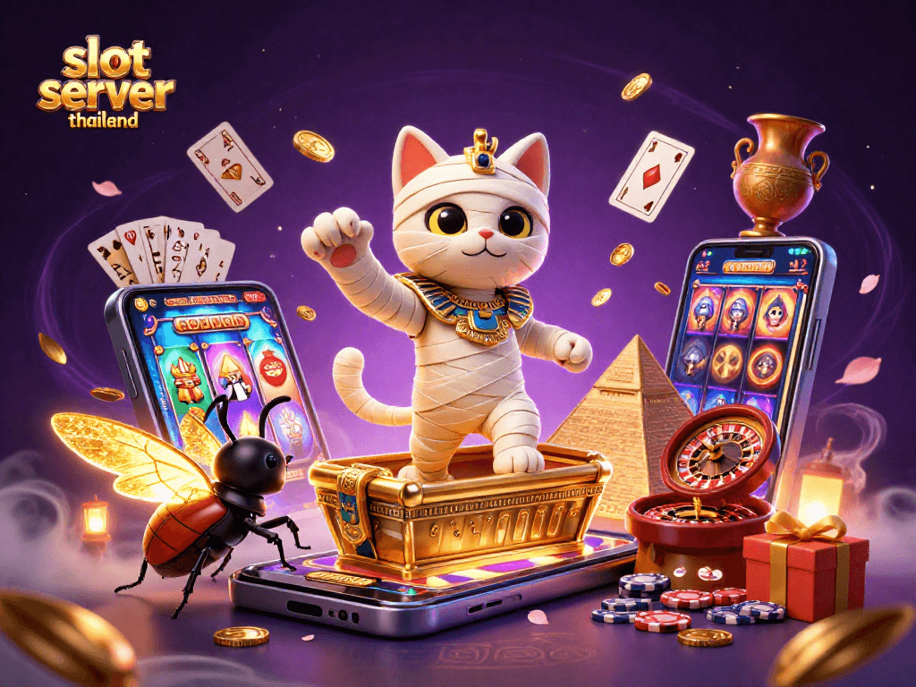 Engage with exciting slot games on slot server thailand, featuring vibrant scenes and gaming elements.