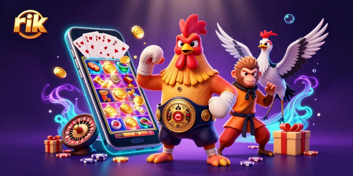 rik engages with vibrant slot game action alongside martial artists in a casino-themed illustration