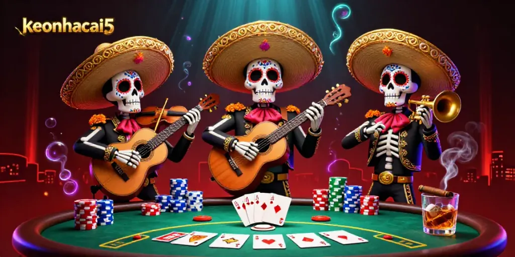 Engage with keonhacai5 in this vibrant 3D scene featuring a mariachi band amidst poker chaos.