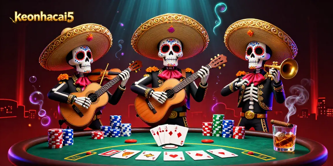 Engage with keonhacai5 in this vibrant 3D scene featuring a mariachi band amidst poker chaos.