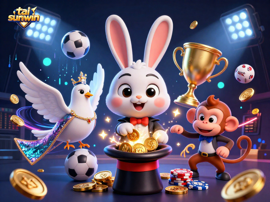 Experience the magic of tai sunwin with a dynamic 3D casino scene featuring a magician, dove, and monkey amidst sports betting elements.
