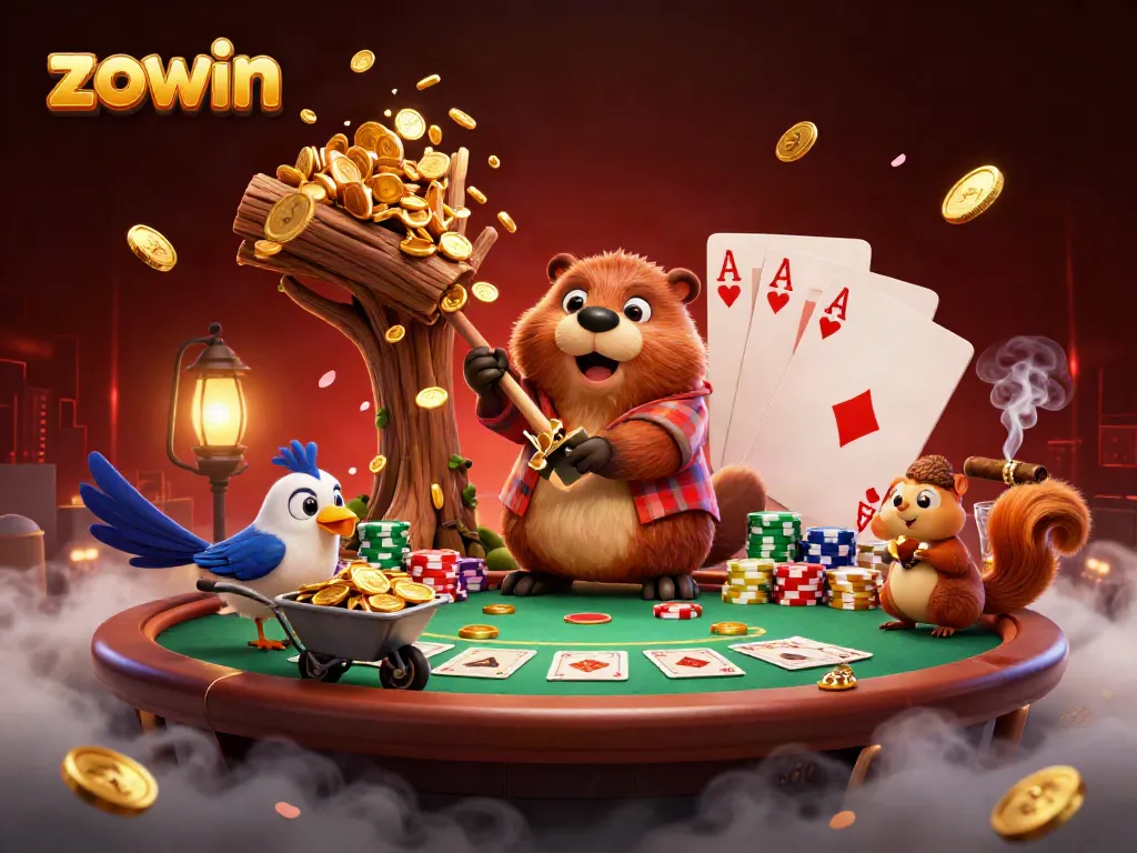 Zowin reveals a vibrant online casino scene with a whimsical beaver, bird, and squirrel amid poker elements.