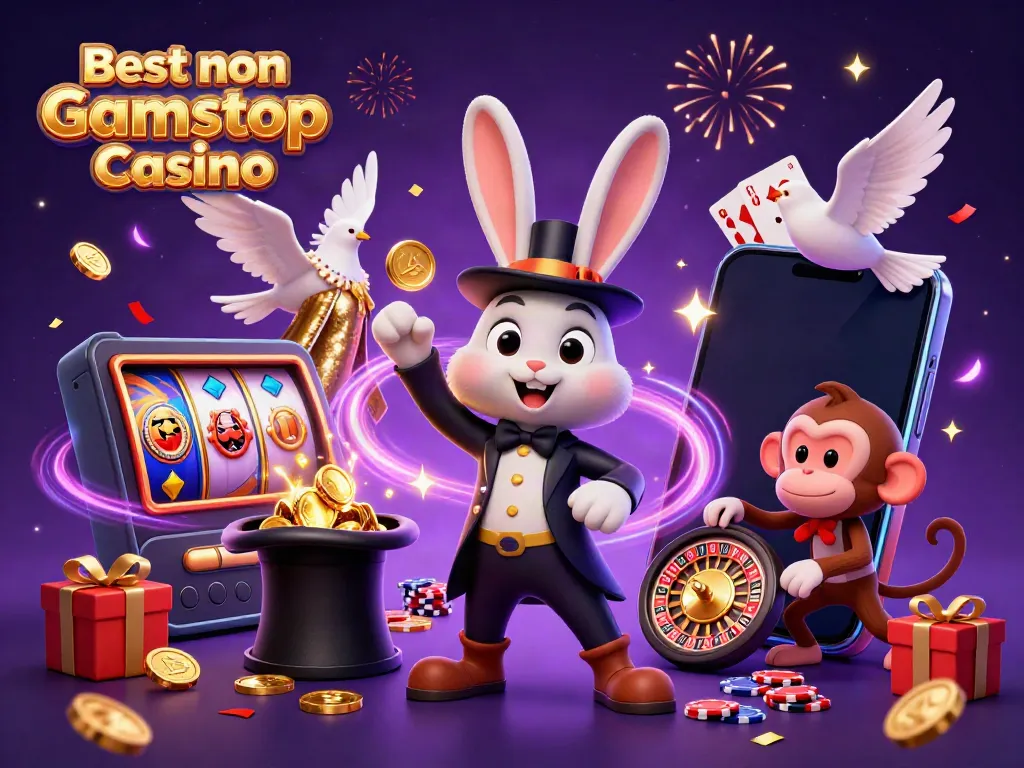 Best non Gamstop Casino entertainers magic coins and poker chips in a vibrant scene