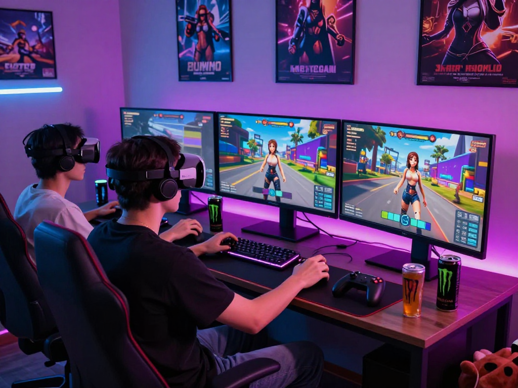 Engaged gamer enjoying a 3d sex game in a vibrant gaming room.