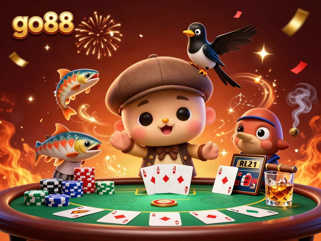 Experience fun games with go88, featuring a vibrant 3D cartoon casino scene with exciting characters.