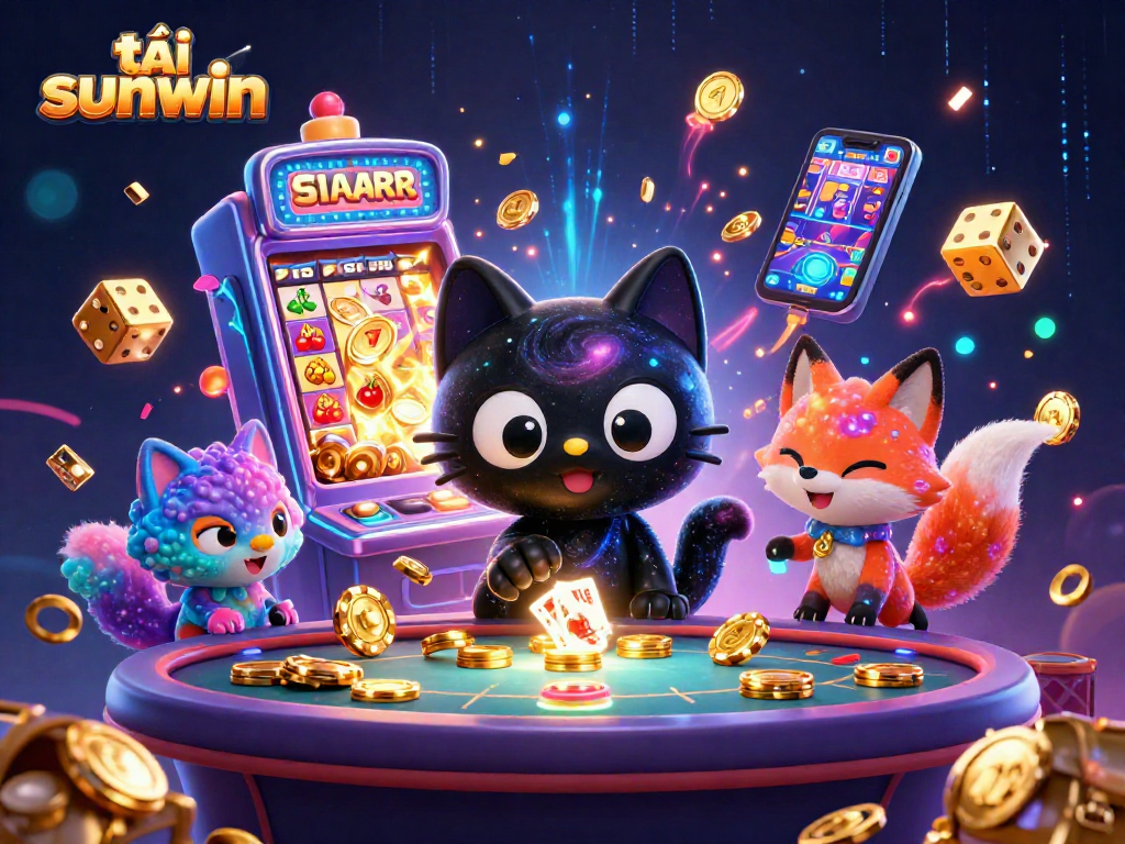 Engage in thrilling gameplay with tải sunwin featuring a cosmic cat and nebula fox at a vibrant casino table.