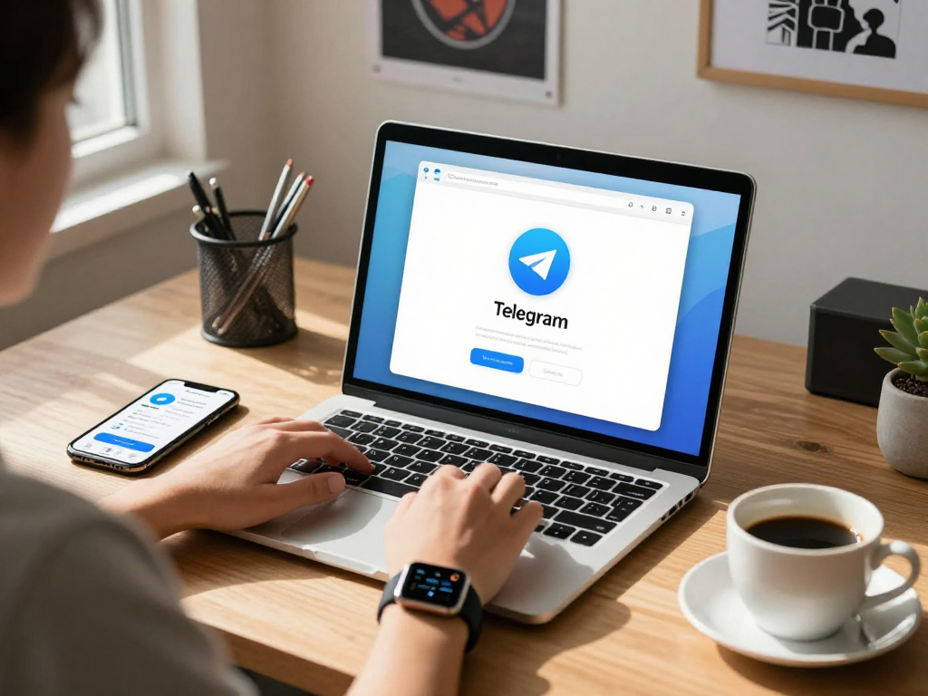使用Telegram下载的用户在现代办公室环境中，展现了Telegram下载界面的笔记本电脑和手机通知。