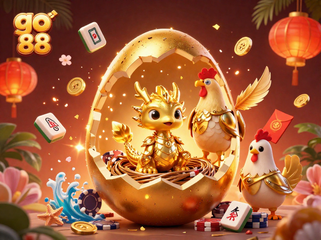 Join the excitement at go 88 with this vibrant illustration of a golden dragon amidst poker chips.