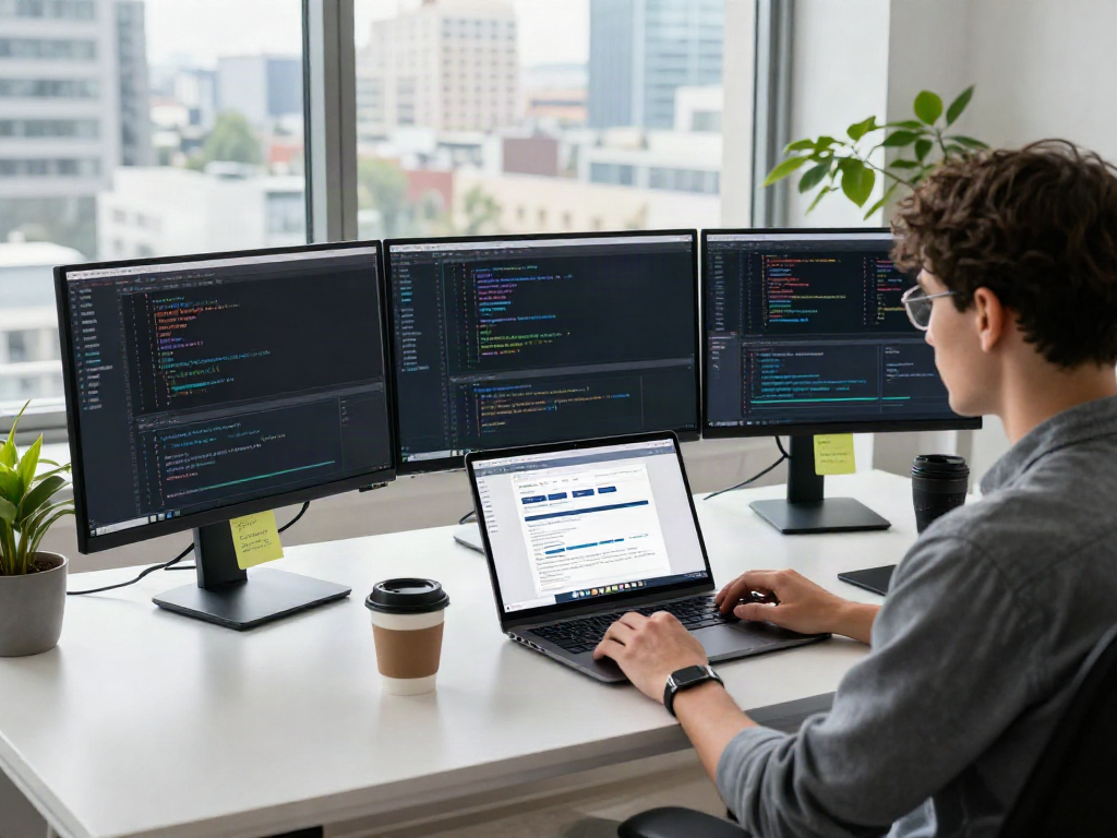 Developer utilizing instant indexing tools at a modern tech workspace with multiple monitors showing code.