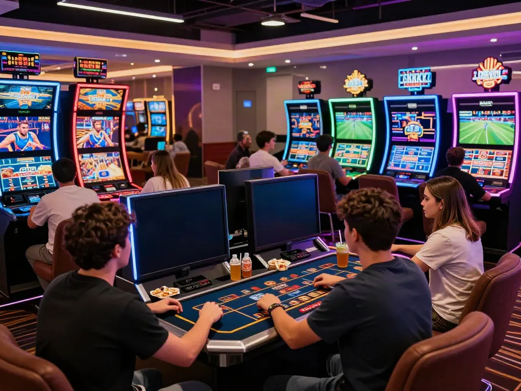 Exciting atmosphere at TX88 online casino showcasing diverse players and vibrant gaming stations.