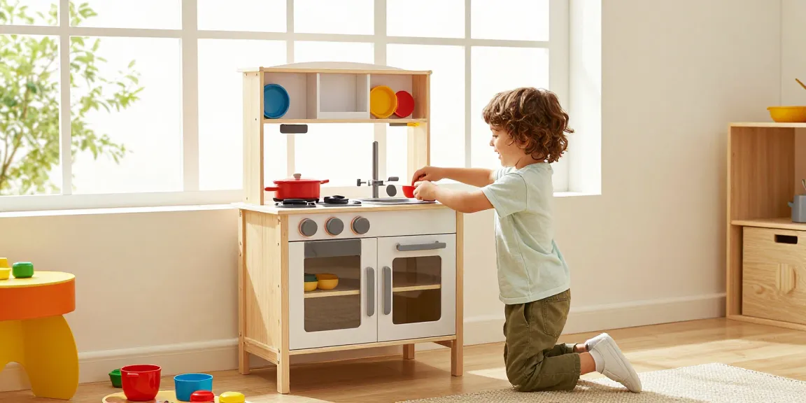 Child enjoying a play kitchen, showcasing vibrant accessories and imaginative cooking.