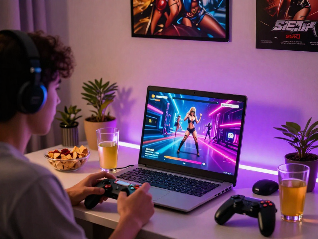 Engaged player enjoying a sex simulator game on laptop surrounded by snacks and gaming gear.