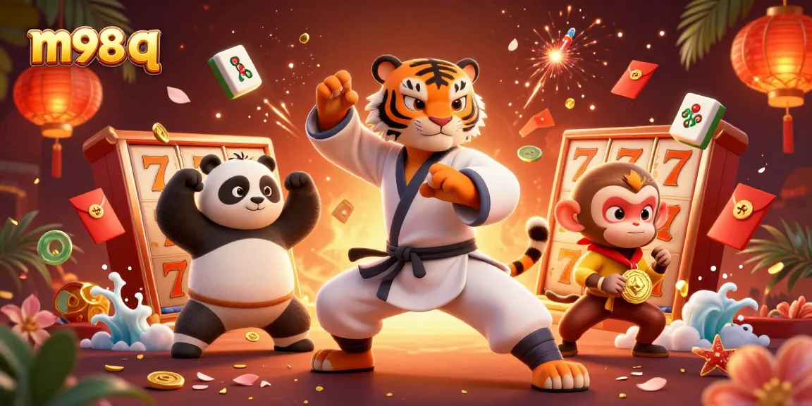 Experience exciting gameplay with m98 q featuring a tiger master, panda disciple, and monkey student surrounded by casino elements.