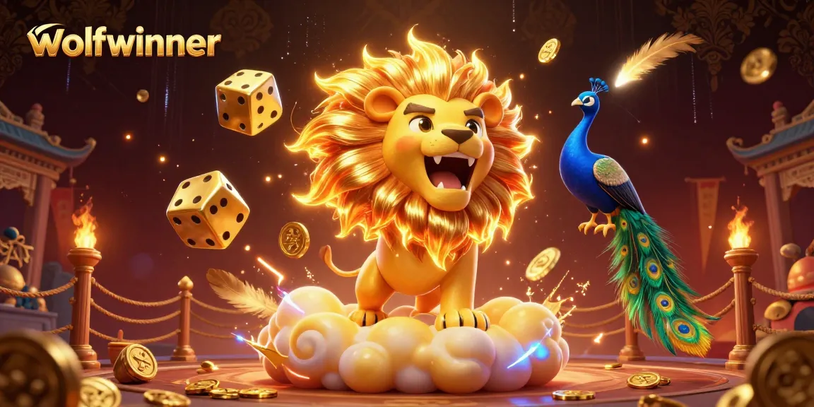 wolfwinner showcases a vibrant 3D casino scene with a roaring lion and golden dice amidst gambling elements.