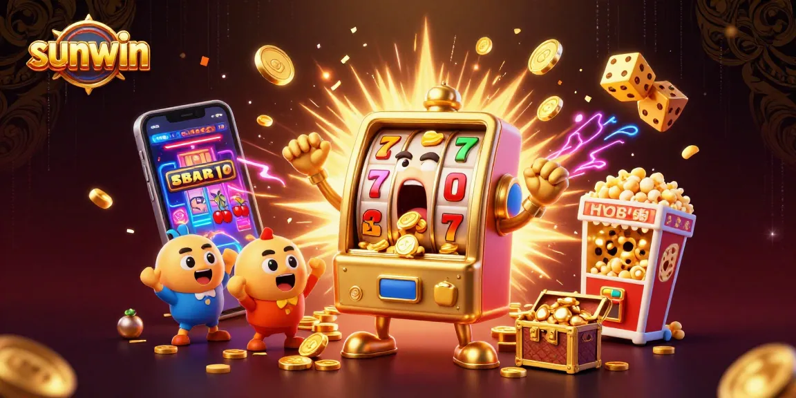 Sunwin's lively slot machine scene depicts a jackpot celebration with coins and cheers.